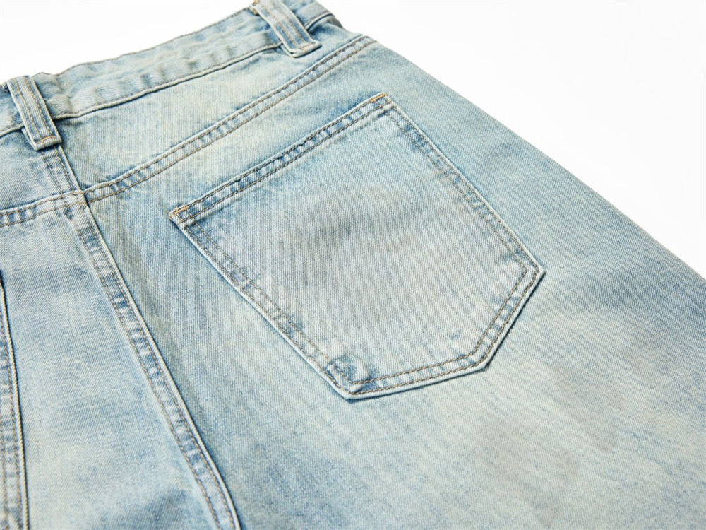 Wide-Leg Distressed Jeans – Light Wash Vintage Ripped Straight Denim