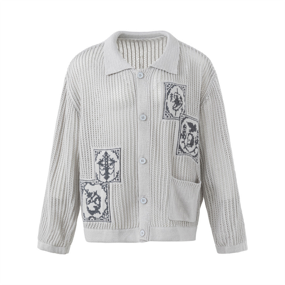 Men's grey open-knit jacquard cardigan sweater with graphic tile panels, spread collar, and patch pockets – front and back vi
