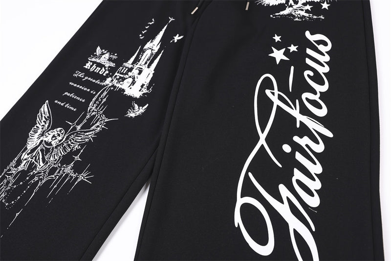 Wide-Leg Sweatpants with Castle & Angel Graphic Print – Streetwear Jogger Pants