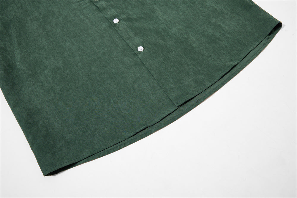 Men's Oversized Short Sleeve Button-Up Shirt – Casual Solid Suede-Texture