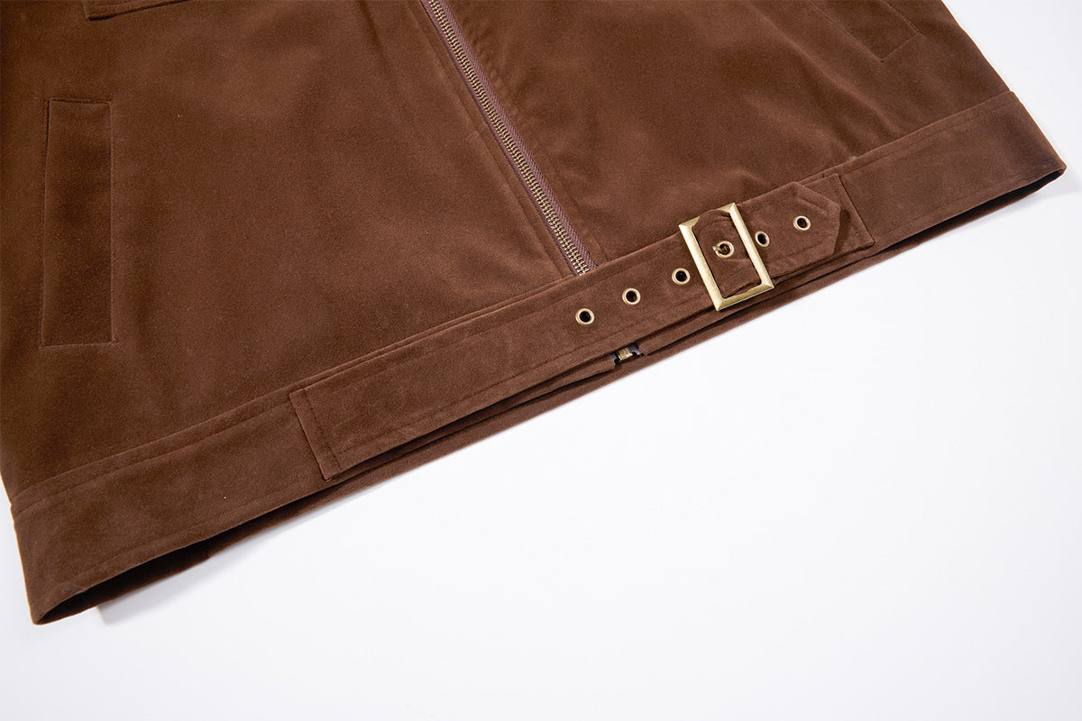 Bomber Jacket Men's Retro Suede Stand-Collar Moto Jacket with Brass Studs & Belt
