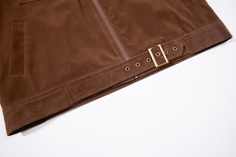 Bomber Jacket Men's Retro Suede Stand-Collar Moto Jacket with Brass Studs & Belt