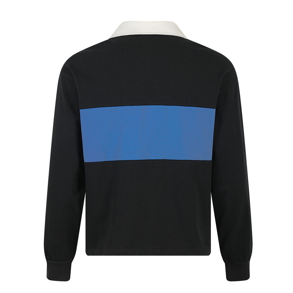 Men's Long Sleeve Rugby Polo Shirt – Black & Blue Colorblock Lace-Up Collar with