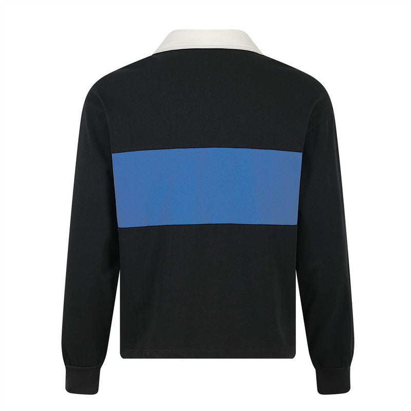 Men's Long Sleeve Rugby Polo Shirt – Black & Blue Colorblock Lace-Up Collar with