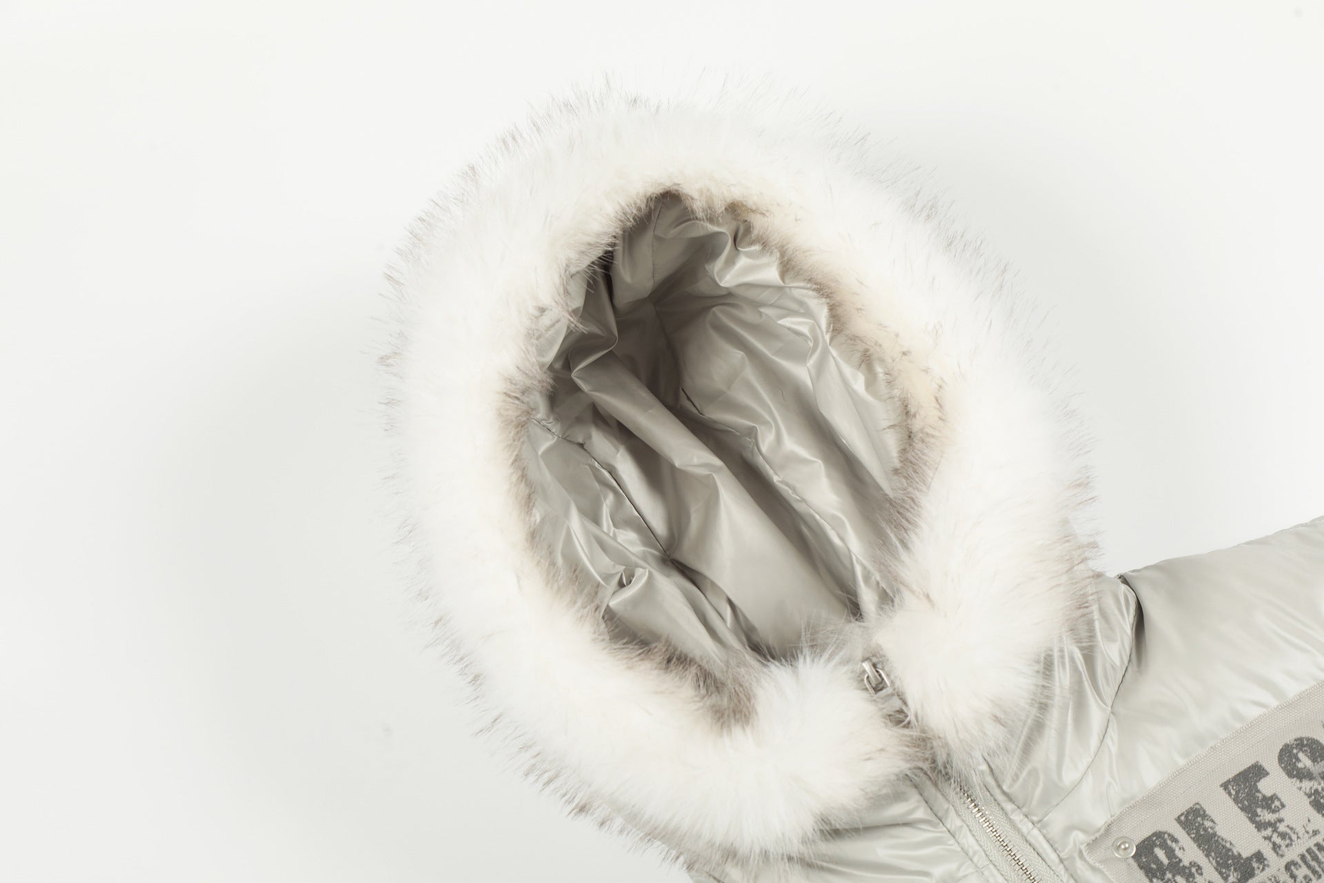 Blouson bomber matelassé court à col en fourrure – Manteau d’hiver à capuche et écussons graphiques