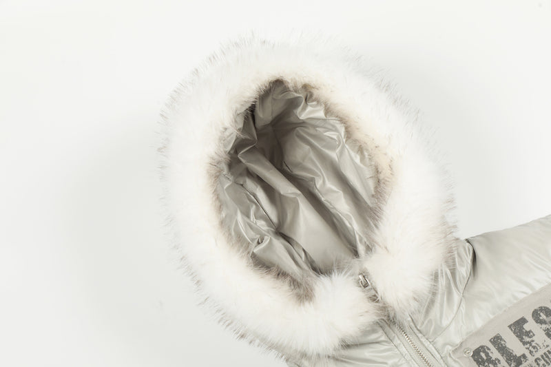 Blouson bomber matelassé court à col en fourrure – Manteau d’hiver à capuche et écussons graphiques