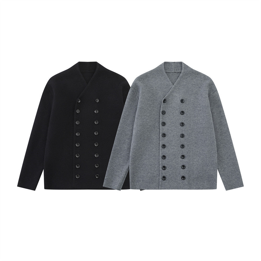 Double-Breasted V-Neck Knit Cardigan – Men's Relaxed Fit Sweater Jacket