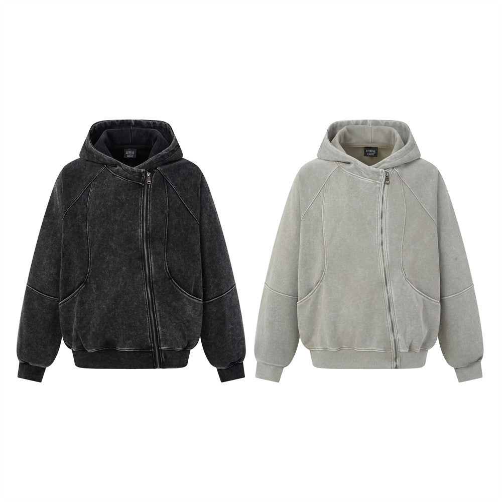 Sweat à capuche zippé homme délavé à l’acide, avec zip diagonal et empiècements déconstruits