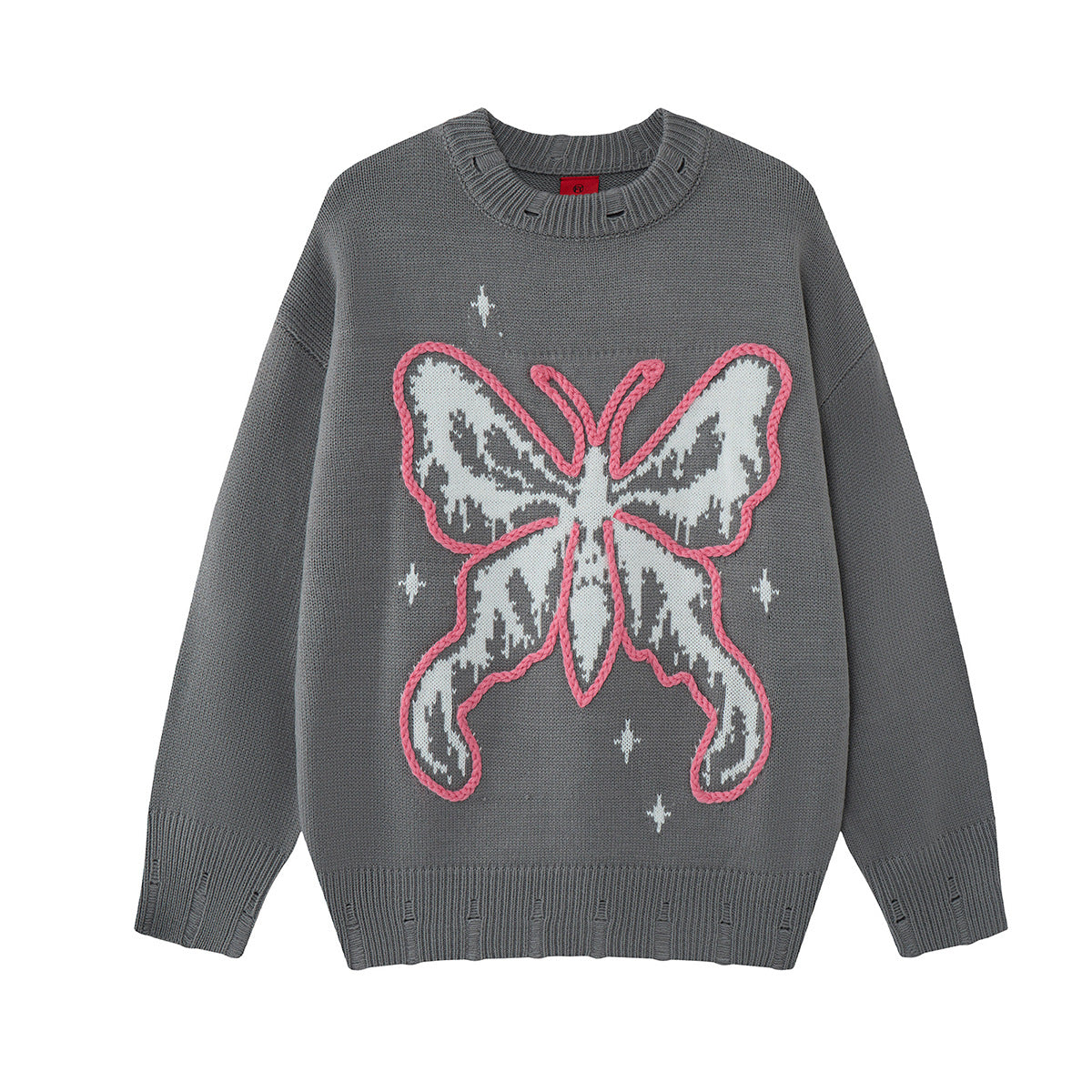 Pull en maille jacquard papillon – Col rond oversize avec broderie rose façon corde