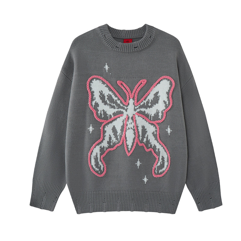Pull en maille jacquard papillon – Col rond oversize avec broderie rose façon corde