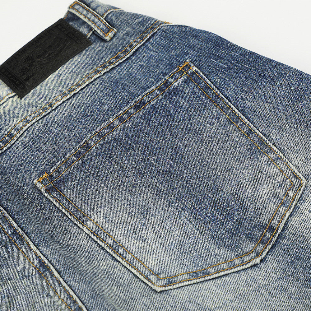Wide-Leg Straight Jeans – Herrenjeans aus verwaschenem blauem Vintage-Denim mit Destroyed-Details