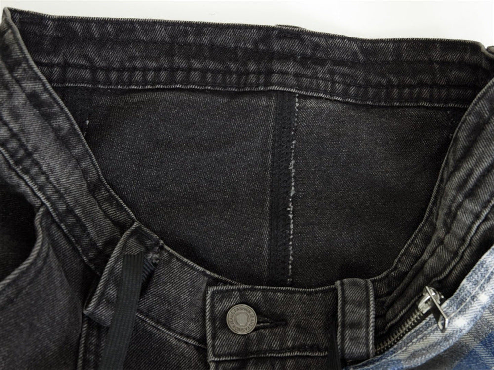 Wide-Leg Gradient Washed Jeans – Deconstructed Curved Seam Baggy Denim