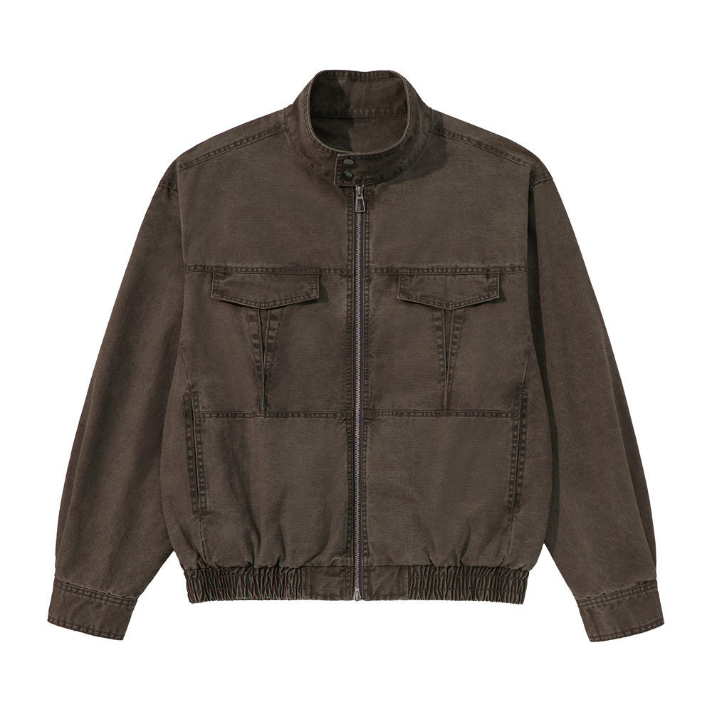Men's washed cargo bomber jacket in dark coffee brown with stand collar, four patch pockets, and elasticated hem