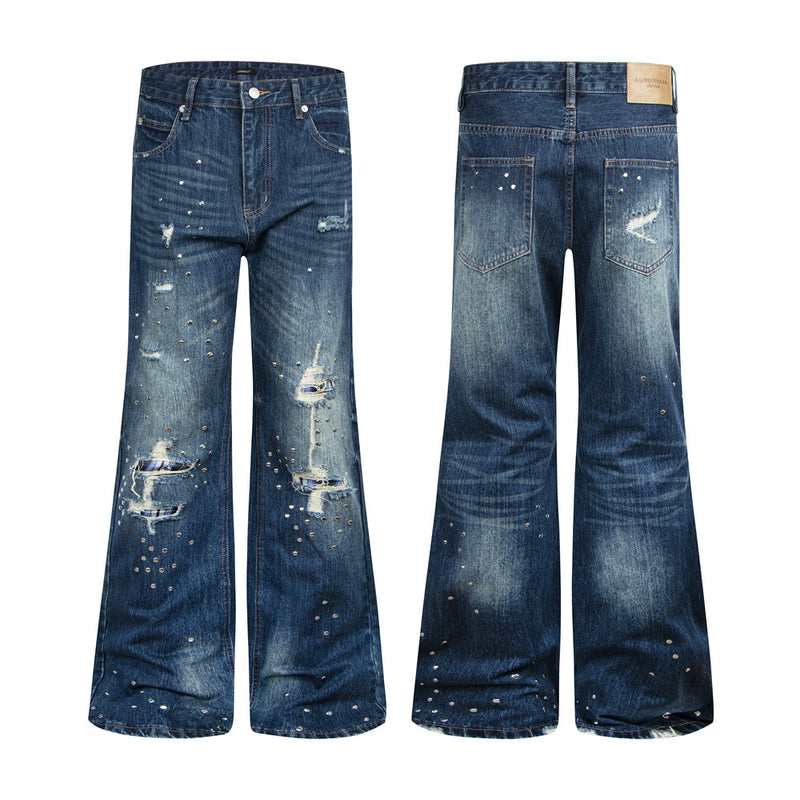 Herren-Bootcut-Jeans im Distressed-Look mit Nieten – Dunkelblauer Flare-Denim mit Karomuster