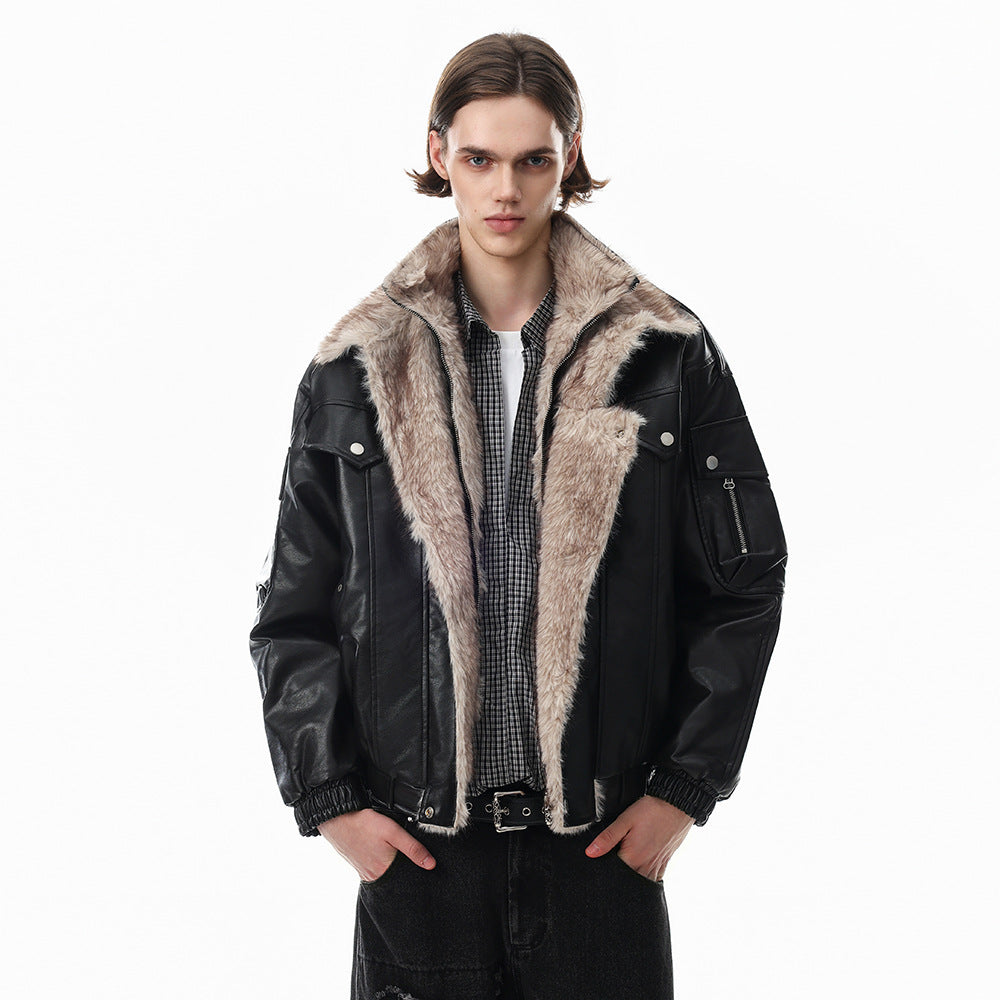Men's faux leather fur-lined bomber jacket with asymmetric placket and high stand collar in black