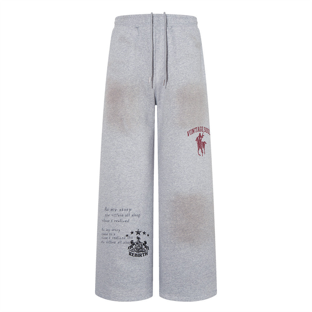 Pantalon de survêtement baggy à jambes larges avec délavage effet peinture vaporisée et motif équestre Vintage Soul, gris chiné