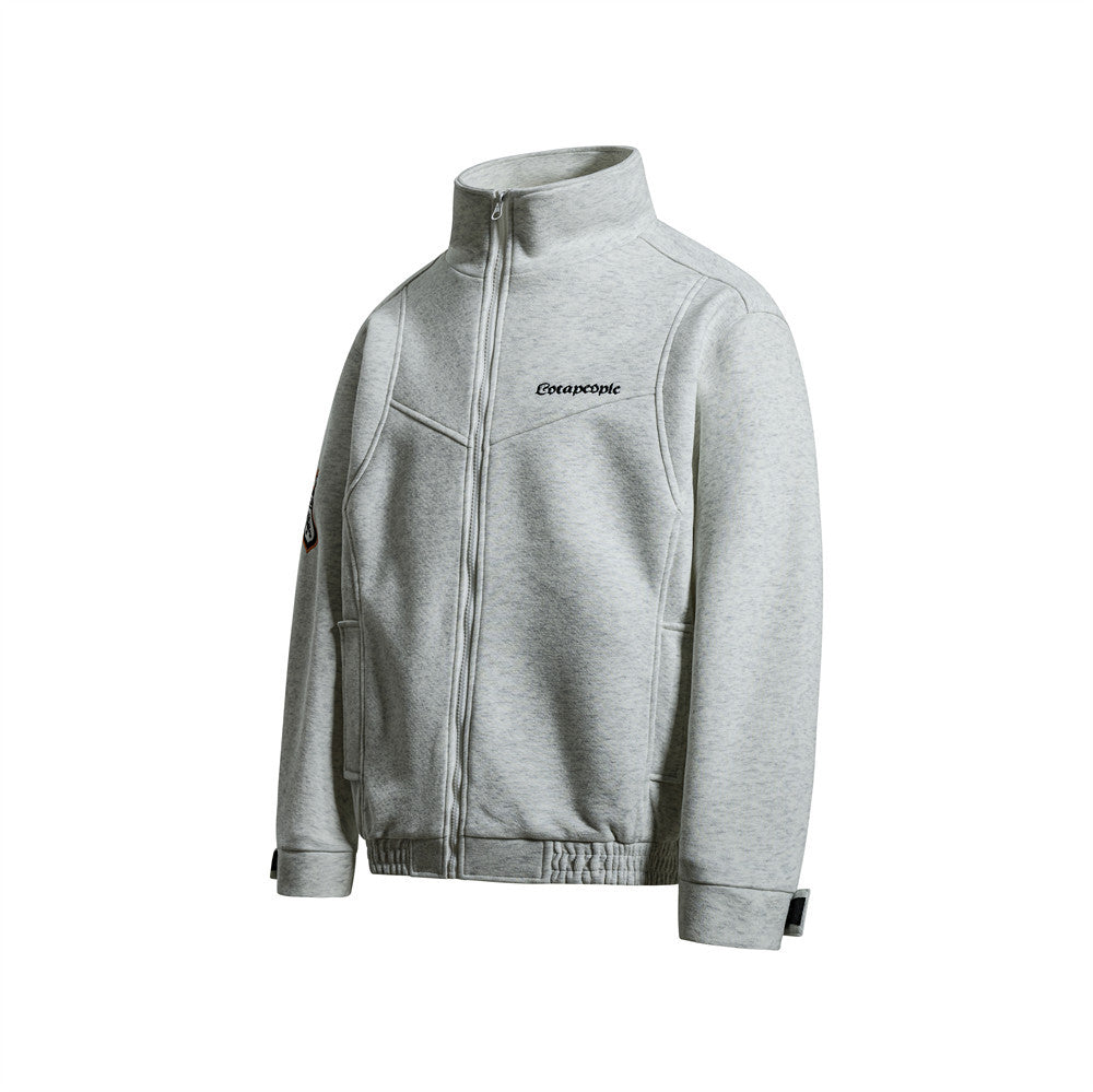 Men's Mock Neck Full-Zip Track Jacket with Crest Patch – Streetwear Fleece