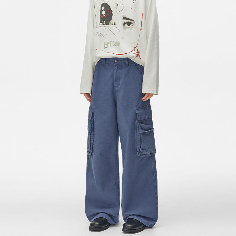Pantalon cargo homme à jambes larges – Pantalon droit délavé à poches multiples