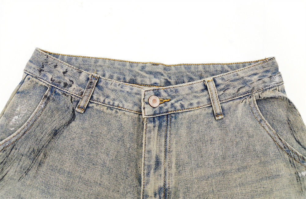 Hand-Painted Splatter Distressed Cargo Denim Shorts