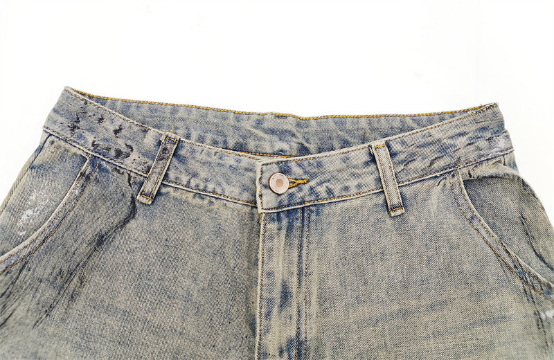 Hand-Painted Splatter Distressed Cargo Denim Shorts