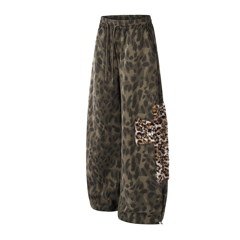 Leopard Print Wide-Leg Sweatpants with Faux Fur Cargo Pocket