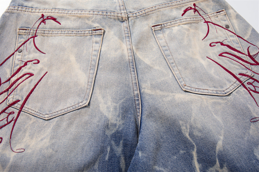 Tie-Dye Washed Denim Shorts – Wide-Leg Embroidered Vintage Punk Style