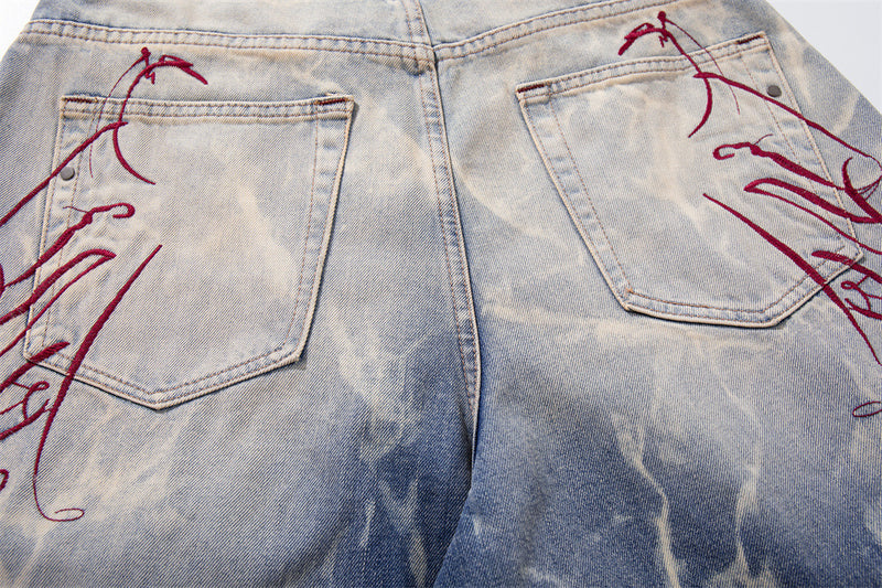 Tie-Dye Washed Denim Shorts – Wide-Leg Embroidered Vintage Punk Style