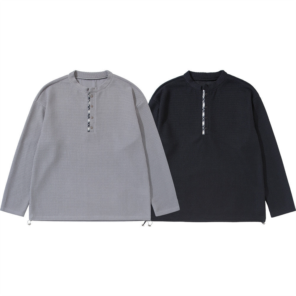 Men's relaxed-fit waffle-knit long sleeve Henley shirt with plaid button placket and drawstring hem in Grey and Black