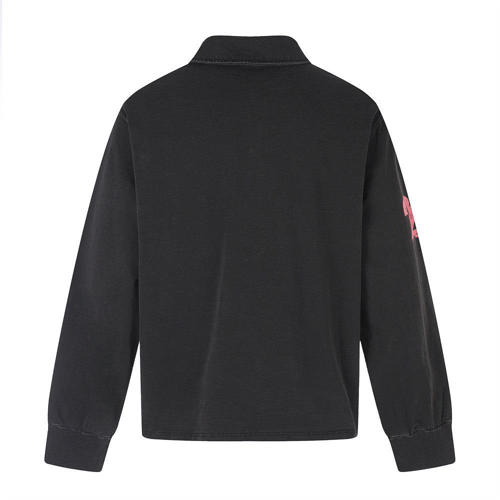 Black long sleeve polo shirt back view with plain back and ribbed cuffs