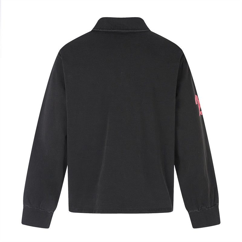 Black long sleeve polo shirt back view with plain back and ribbed cuffs