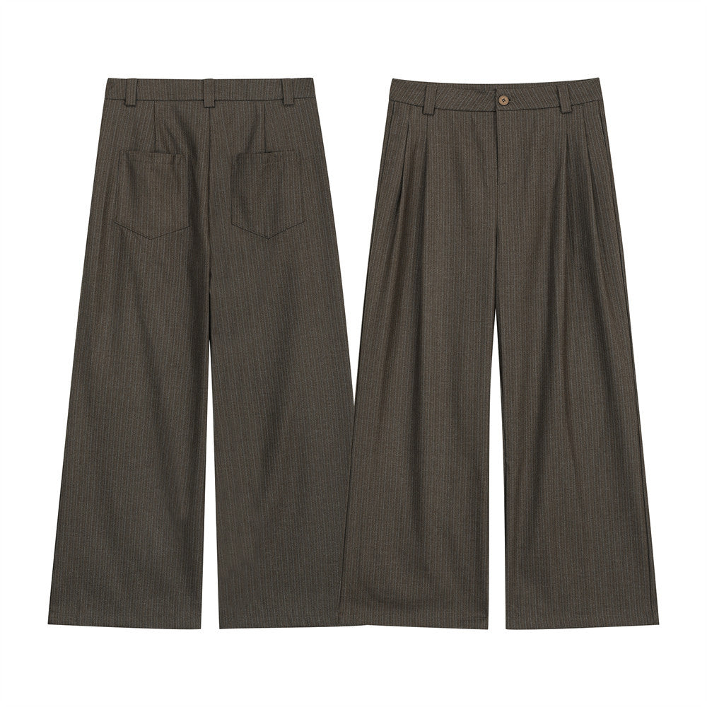 Men's dark olive pinstripe wide-leg pleated dress pants, front and back view