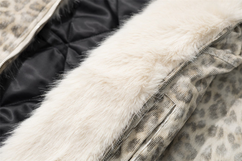 Leopard Print Hooded Bomber Jacket with Faux Fur Trim