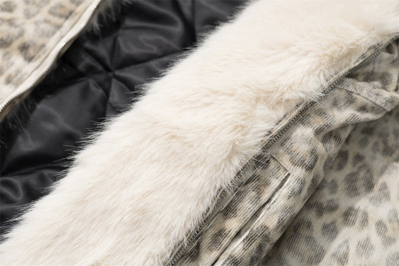 Leopard Print Hooded Bomber Jacket with Faux Fur Trim
