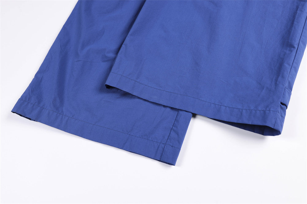 Wide-Leg Relaxed Fit Pants – Elastic Drawstring Waist, Button Placket, Solid