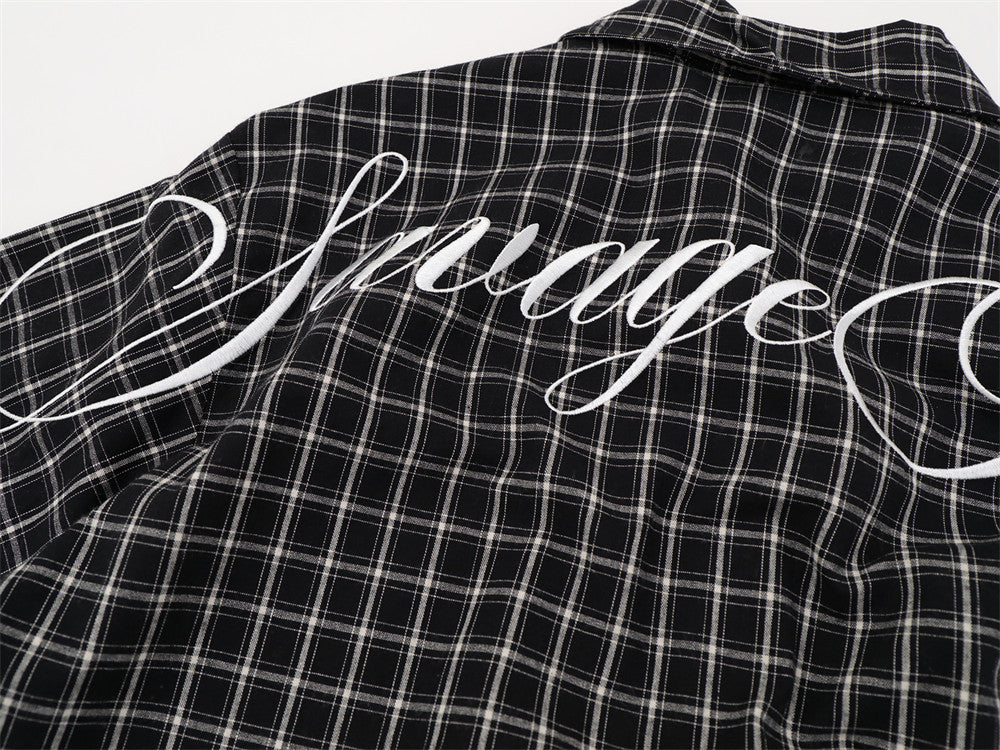 Plaid Long Sleeve Shirt – Graffiti Print & Old English Embroidery, Oversized Fit