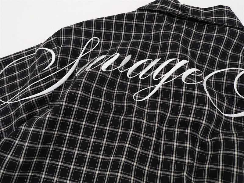 Plaid Long Sleeve Shirt – Graffiti Print & Old English Embroidery, Oversized Fit