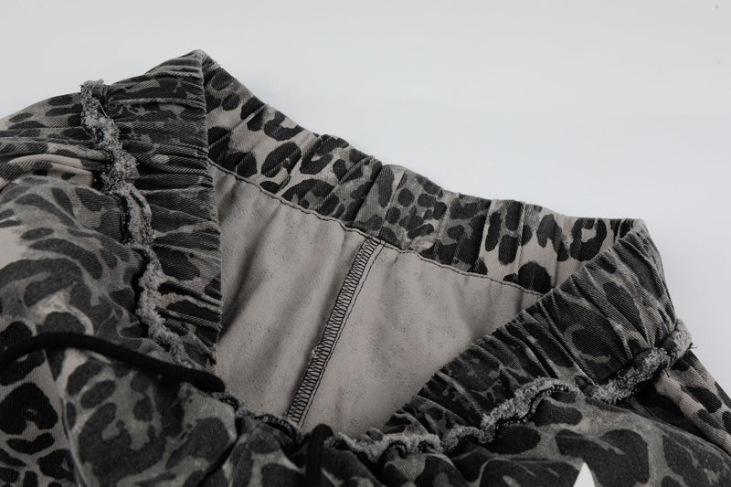 Wide-Leg Leopard Print Pants with Skull & Crossbones Graphic