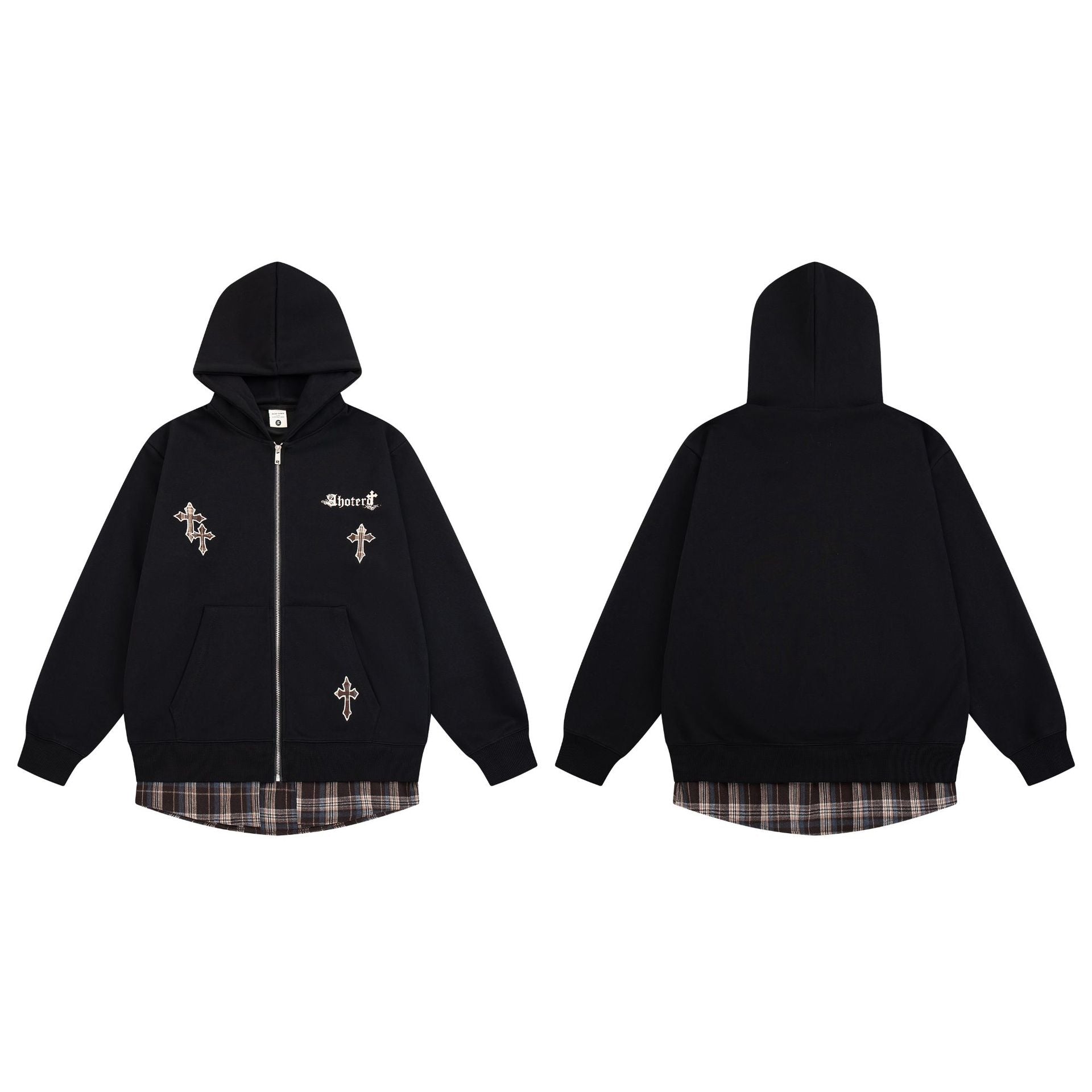 Sweat zippé à capuche avec croix brodée et détail à carreaux sur le bas