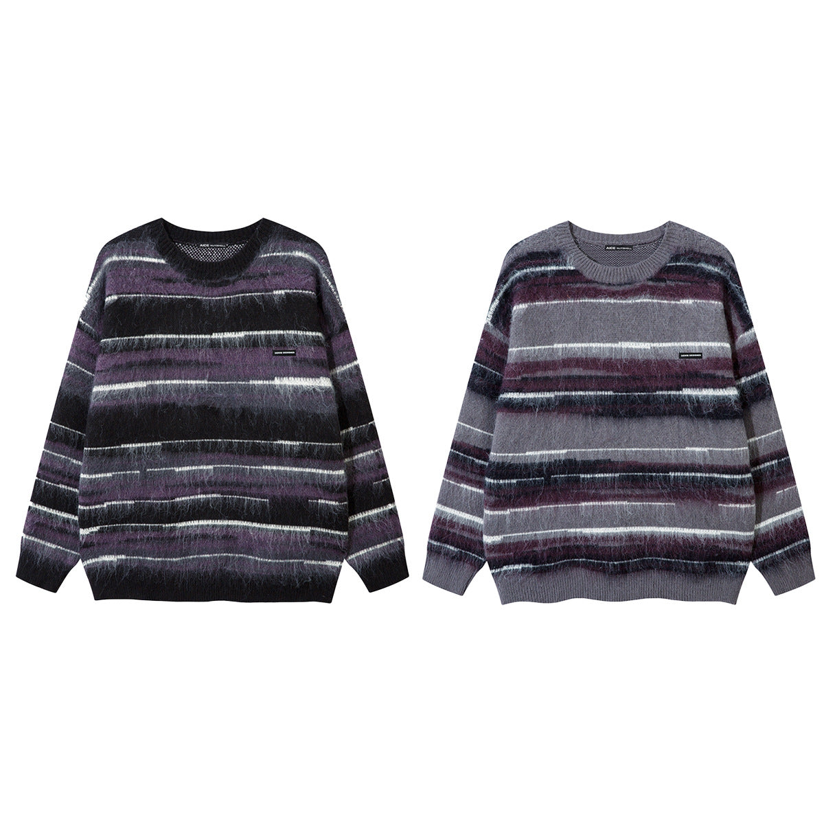 Striped Fuzzy Knit Crew Neck Sweater – Relaxed Fit Mohair-Style Pullover