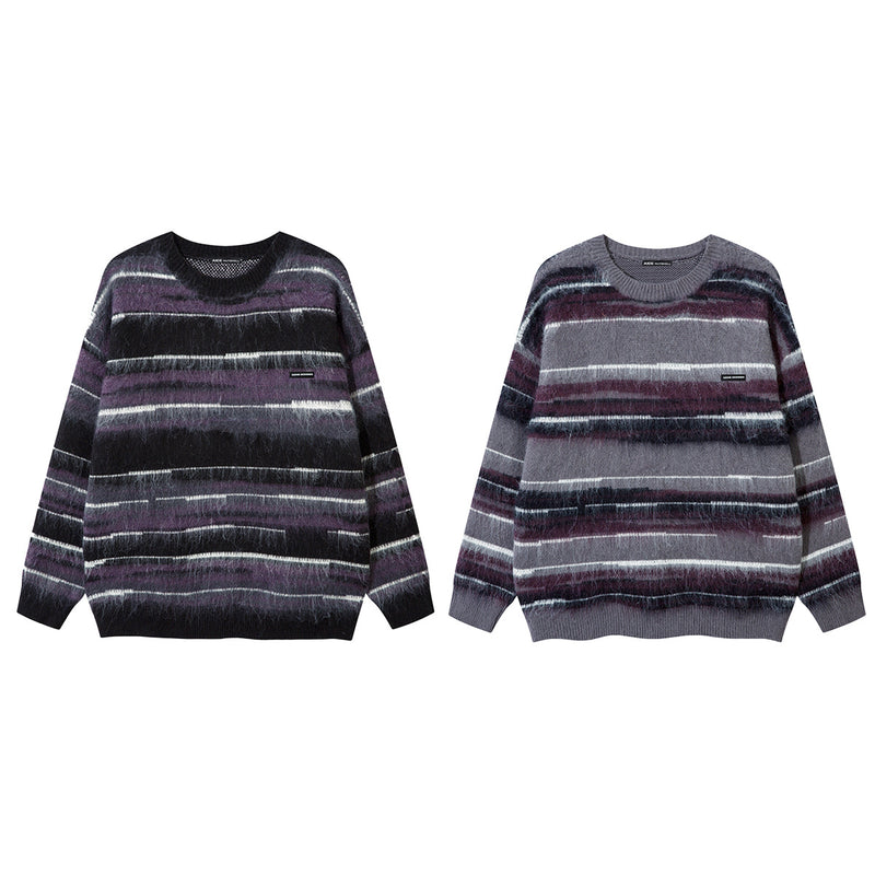 Striped Fuzzy Knit Crew Neck Sweater – Relaxed Fit Mohair-Style Pullover