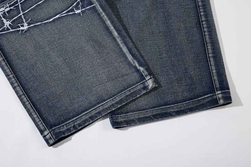 Wide-Leg Cargo Jeans with Barbed Wire Embroidery – Baggy Streetwear Denim