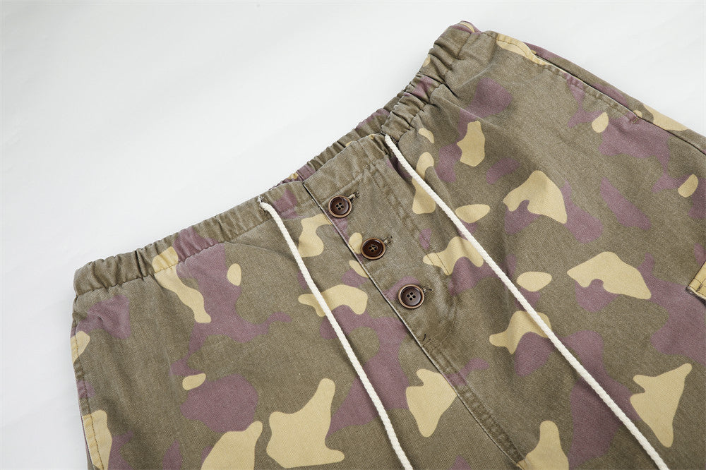 Camo Cargo Wide-Leg Pants – Vintage Washed, Multi-Pocket, Drawstring Waist