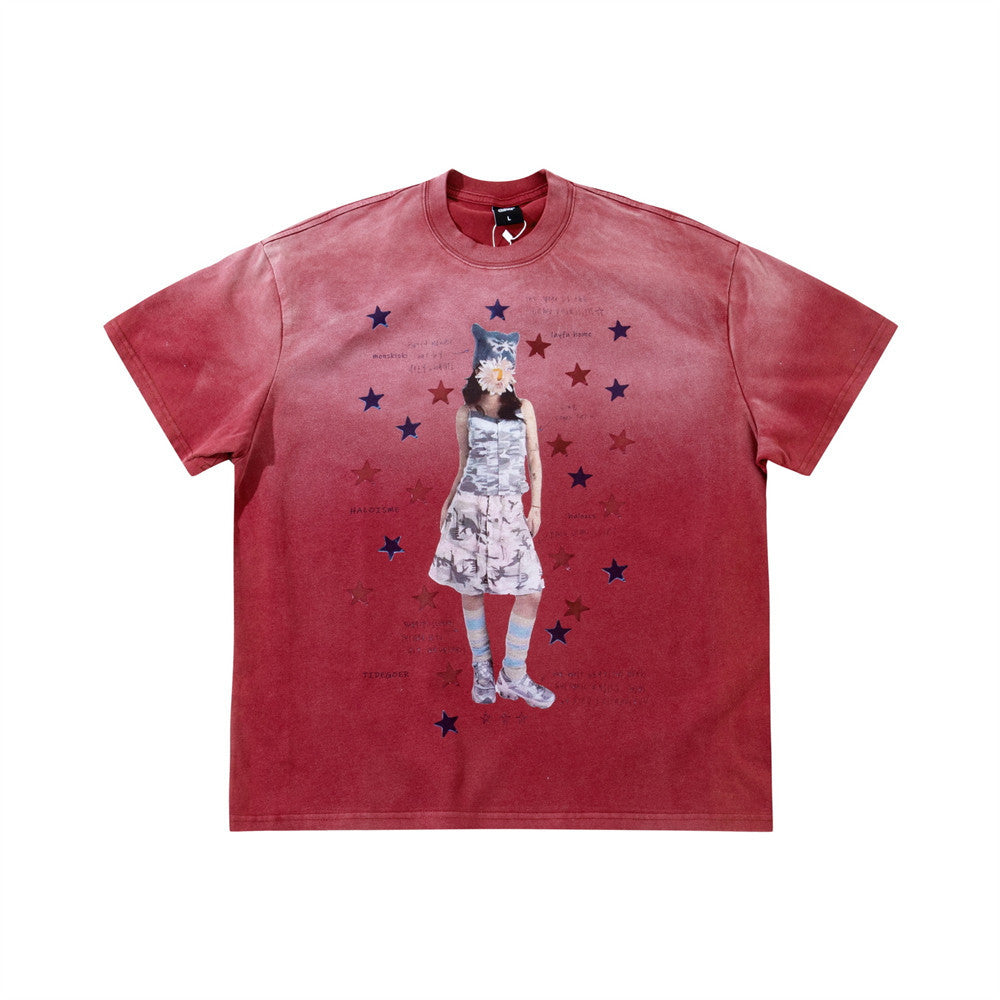 Men's Oversized Graphic Tee – Star Print Washed Short Sleeve T-Shirt