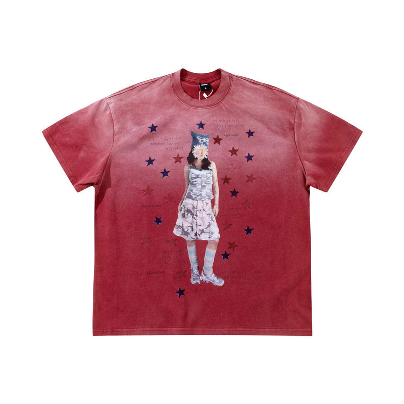 Men's Oversized Graphic Tee – Star Print Washed Short Sleeve T-Shirt