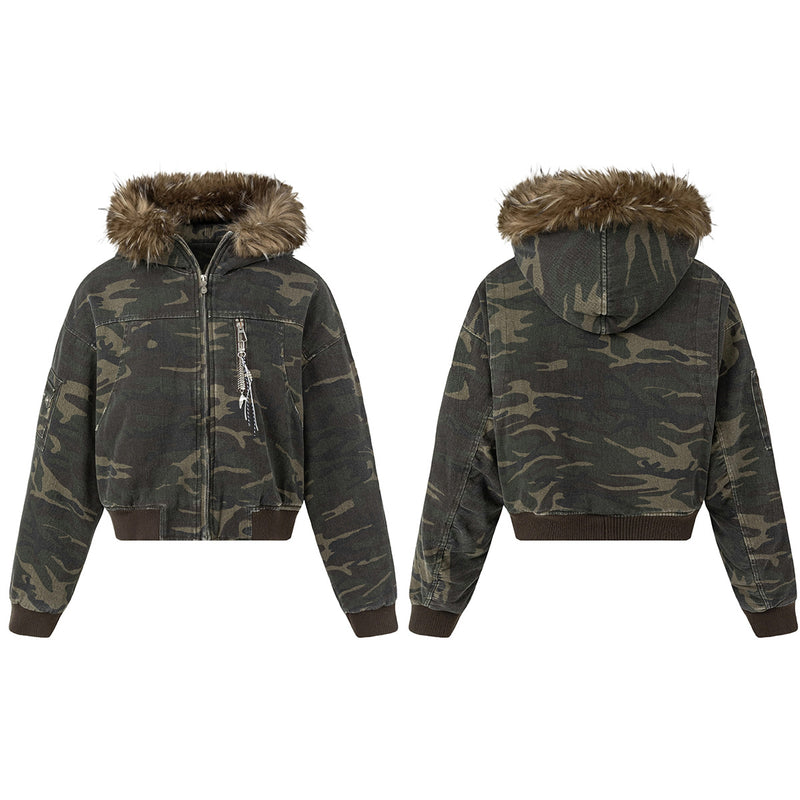 Fur-Trim Hood Bomber Jacket – Camo & Leopard Print Padded Outerwear