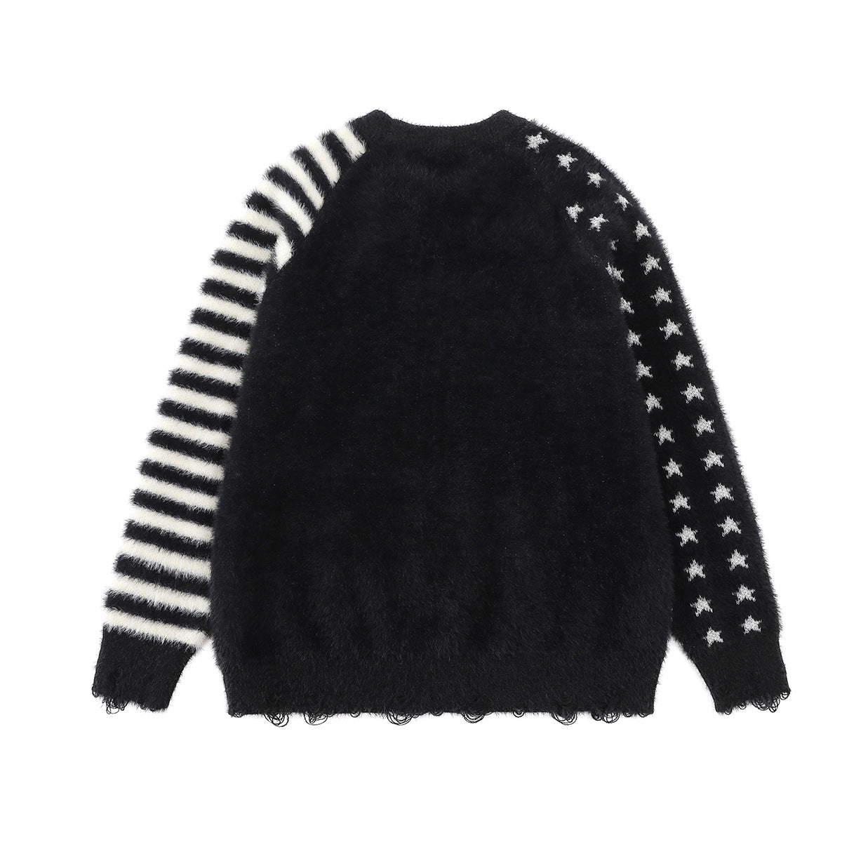 Cartoon Rabbit Angel Knit Sweater – Mixed Star & Stripe Fuzzy Pullover with
