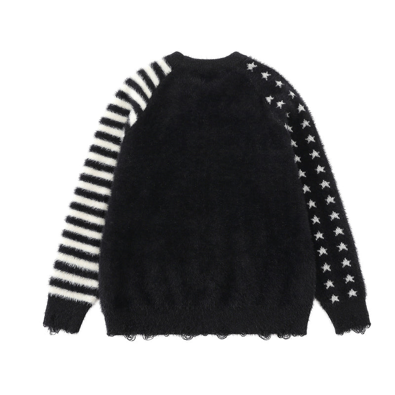 Cartoon Rabbit Angel Knit Sweater – Mixed Star & Stripe Fuzzy Pullover with