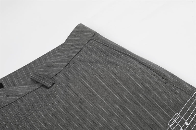Pinstripe Wide-Leg Trousers with Music Note Embroidery