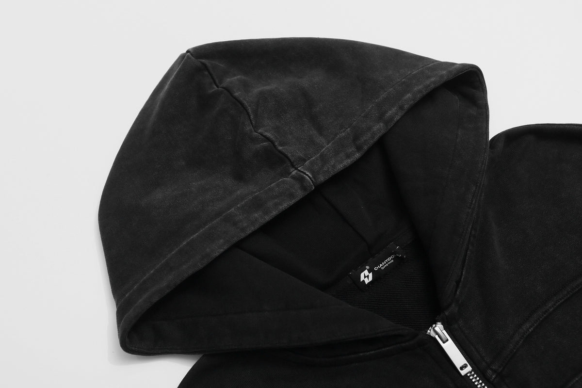 Military Napoleon Zip-Up Hoodie – Washed Vintage Fleece Cardigan