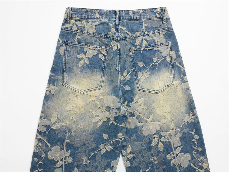 Floral Jacquard Wide-Leg Jeans – Vintage Washed Baggy Denim with Raised Flower